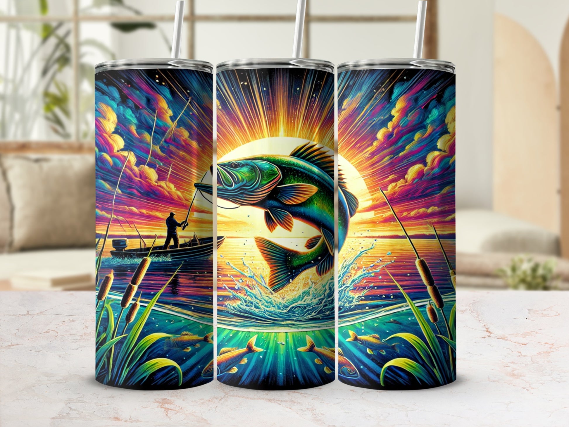 Vibrant Fishing Scene with Largemouth Bass Tumbler