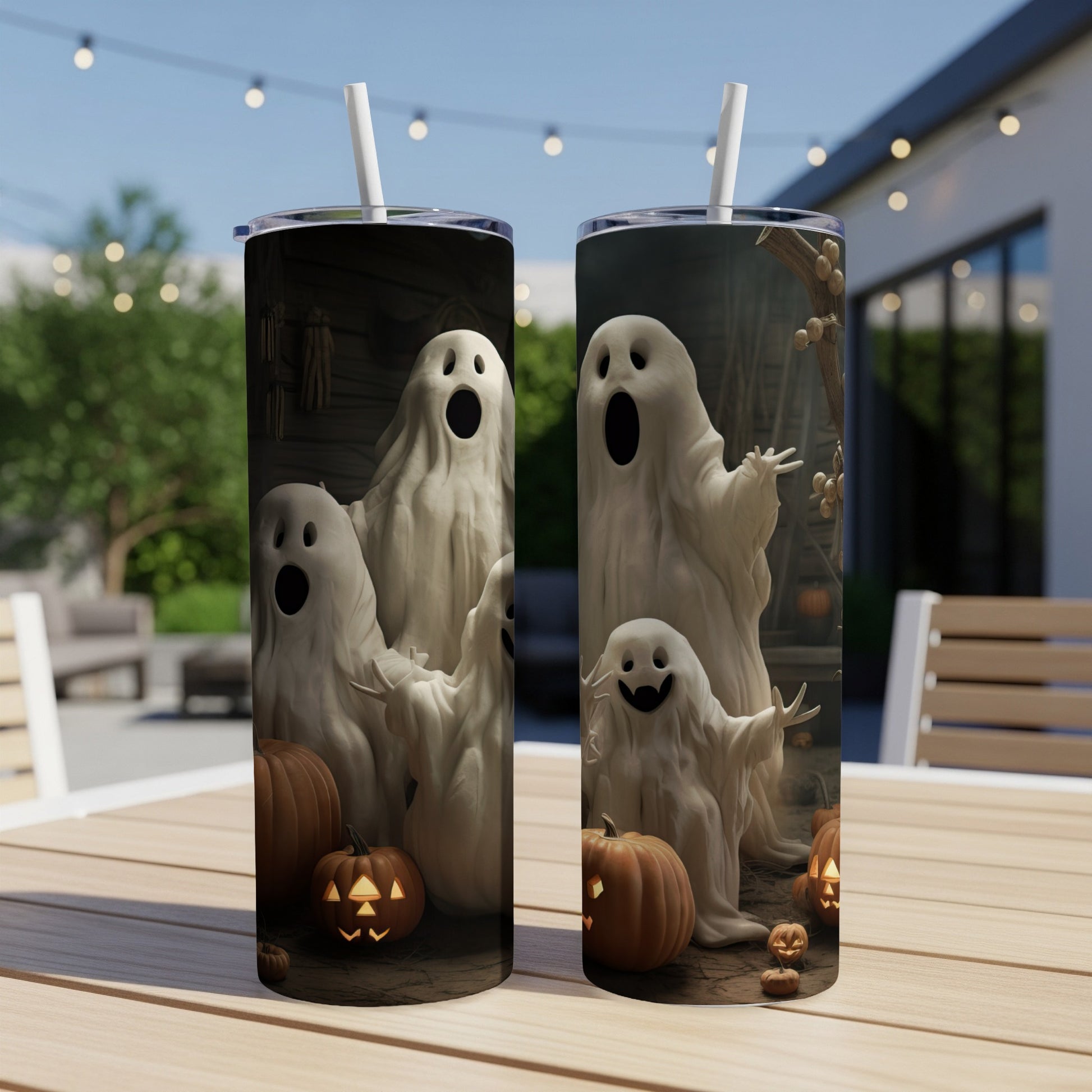 Two tumblers feature a Halloween design with white ghosts and carved pumpkins.