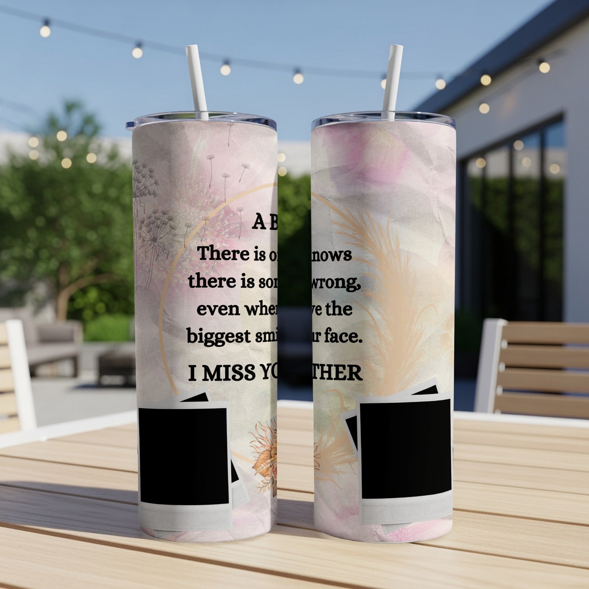 Tumbler with "I miss you" text, floral design, and empty photo frames.