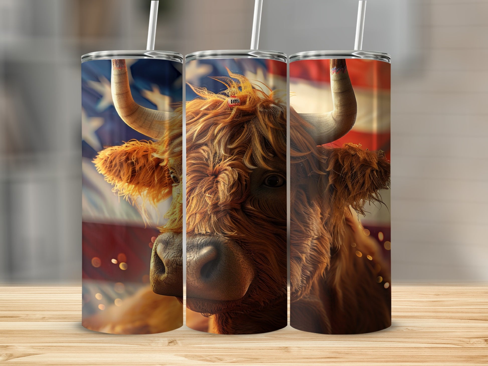 Highland cow with American flag background on three tumblers.