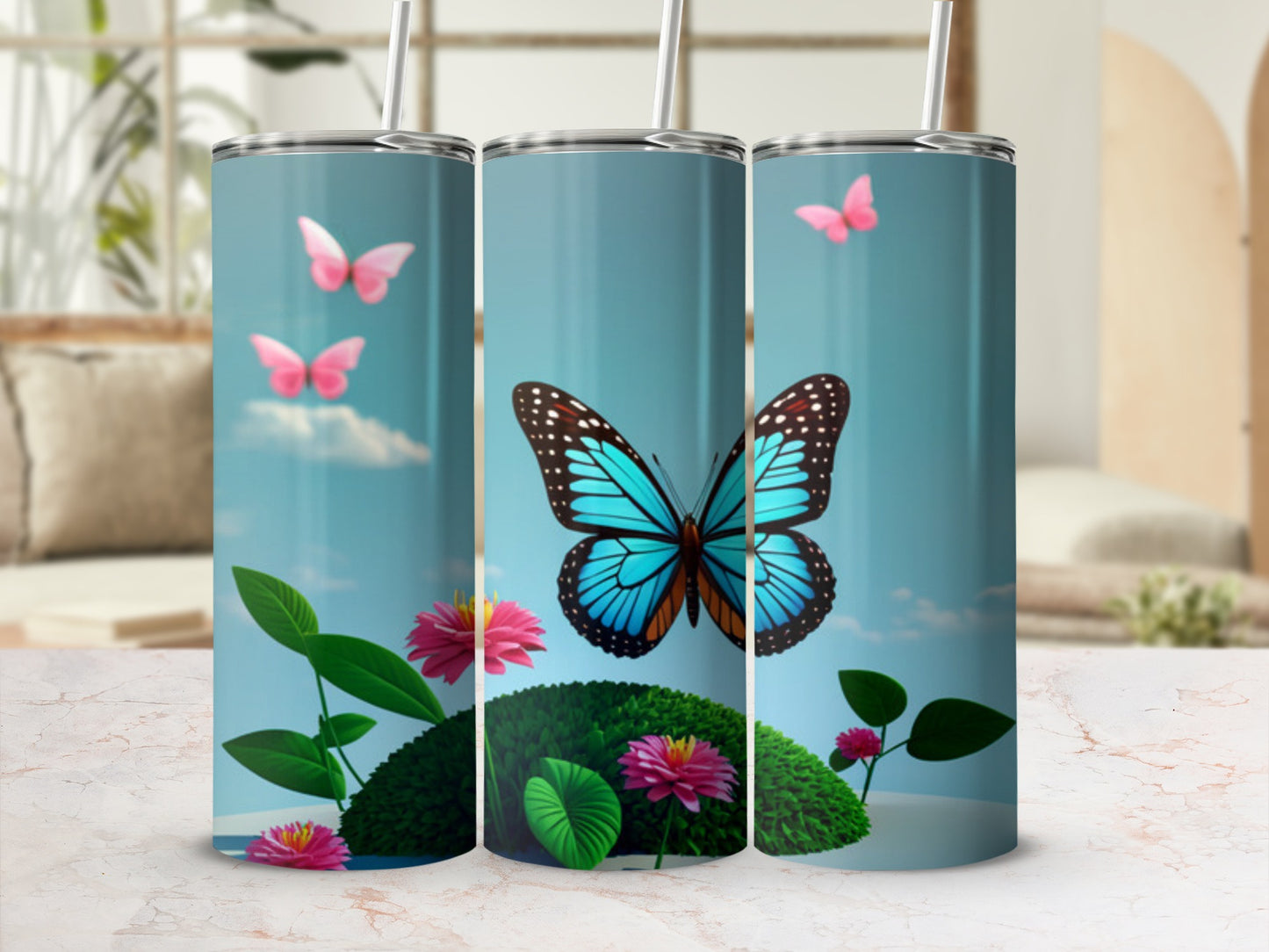 Blue butterfly on green leaves with pink flowers, on a tumbler.
