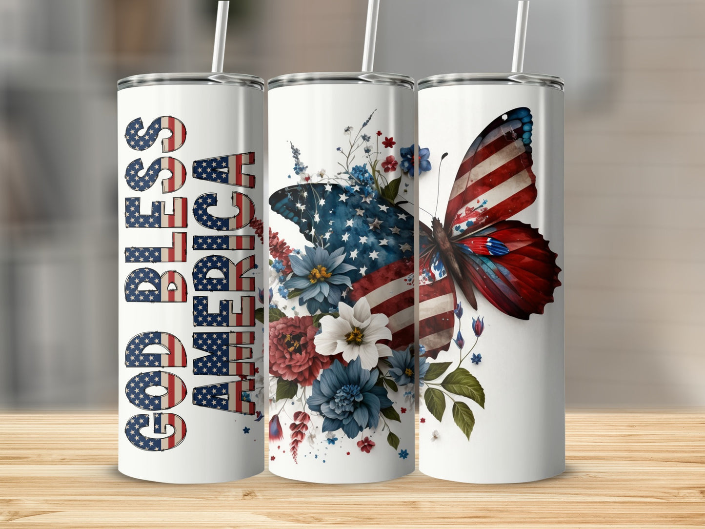 Triptych of tumblers with "God Bless America" text and patriotic butterfly.