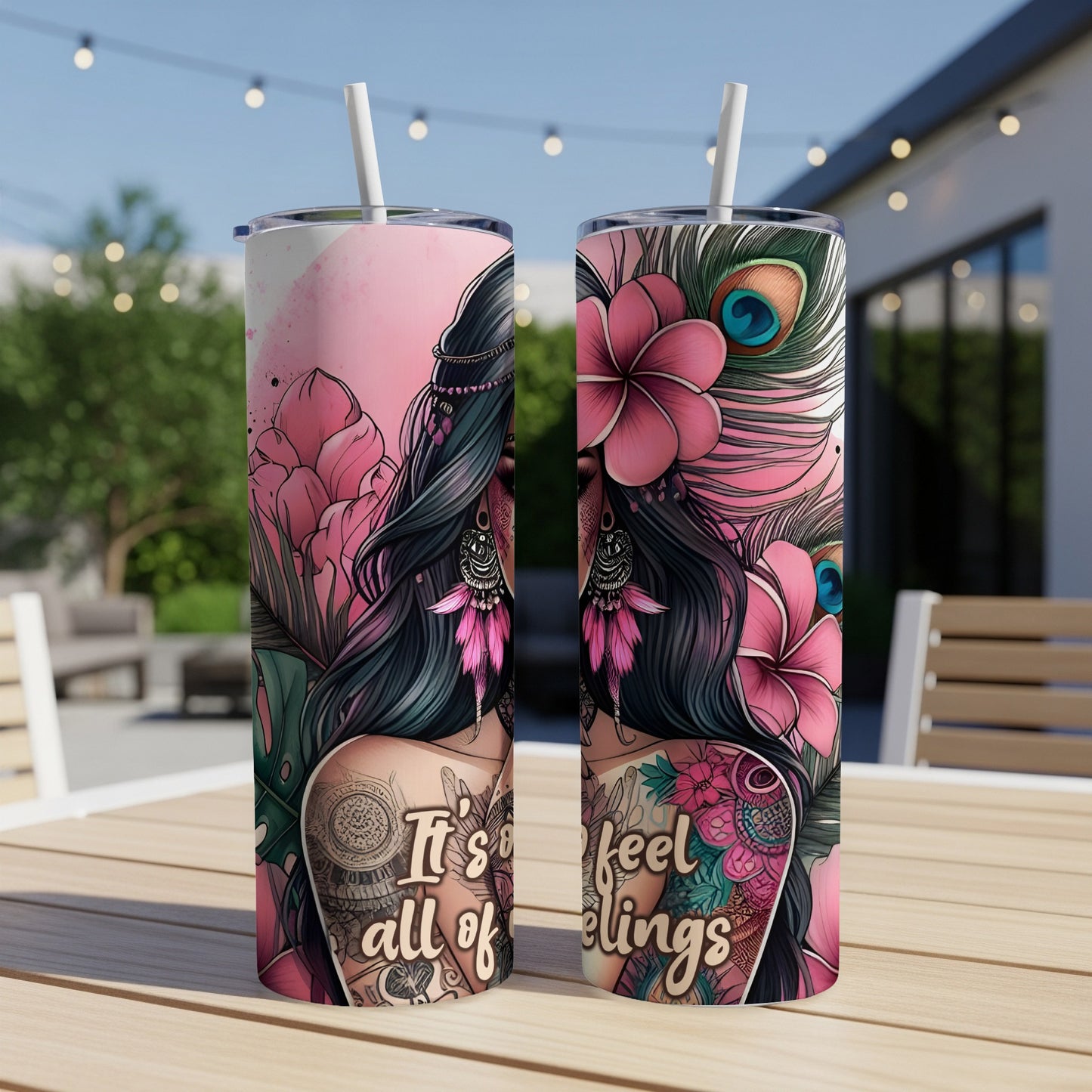 Two tumblers featuring a woman with floral tattoos and a peacock feather.