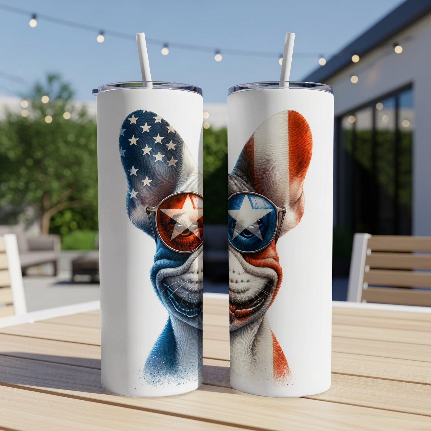 Two French bulldog tumblers with patriotic star and stripe sunglasses.