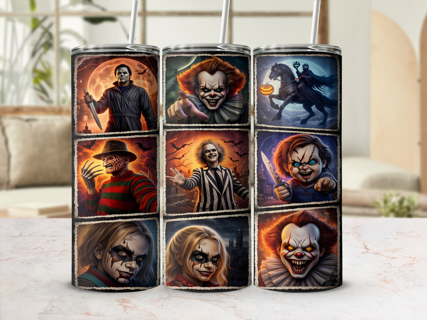 Tumbler with nine panels featuring horror characters: Michael Myers, Pennywise, Headless Horseman, Freddy Krueger, Beetlejuice, Chucky, Harley Quinn, and two other clowns.