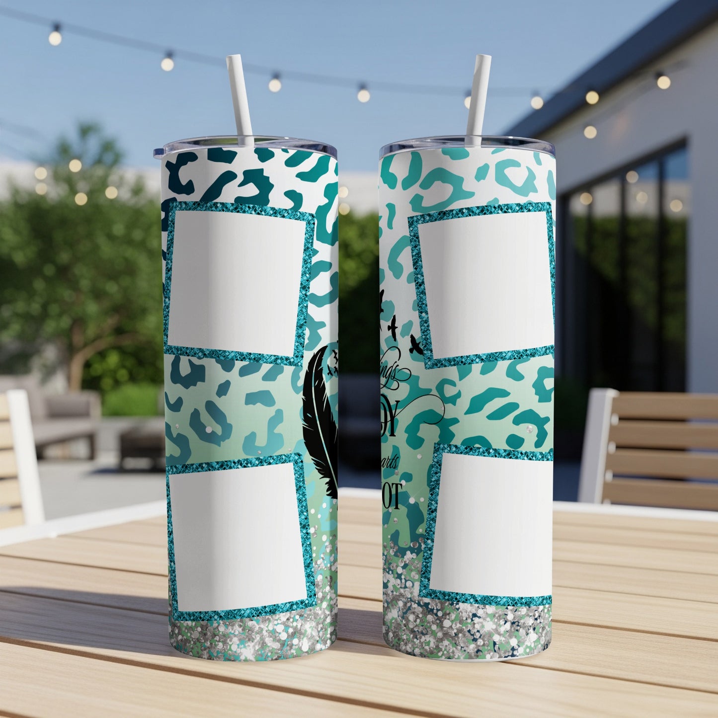 Two teal and leopard print tumblers with empty photo frames and feather graphic.