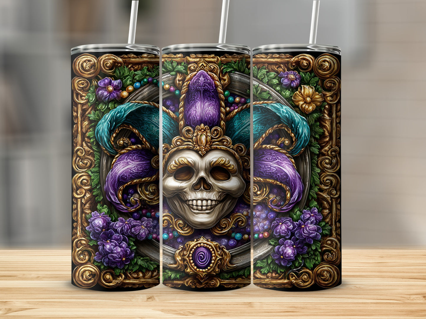 Intricate Mardi Gras Skull Design Stainless Steel Tumbler