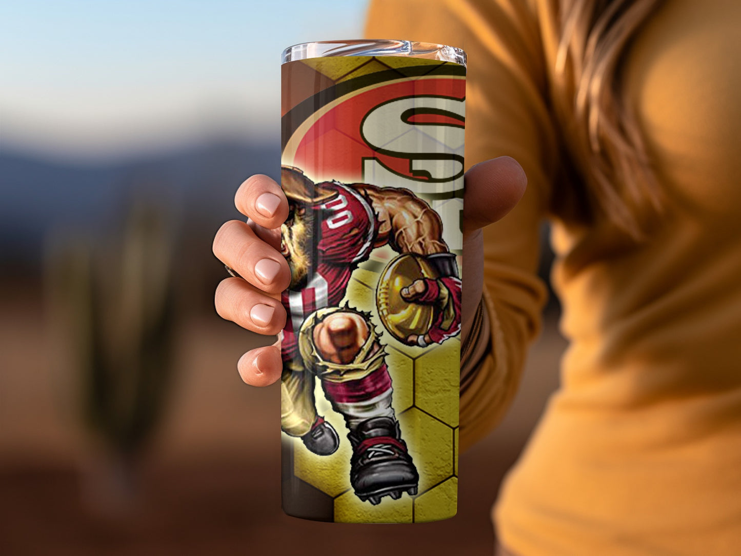 Vintage Football Player Graphic Tumbler Cup Design