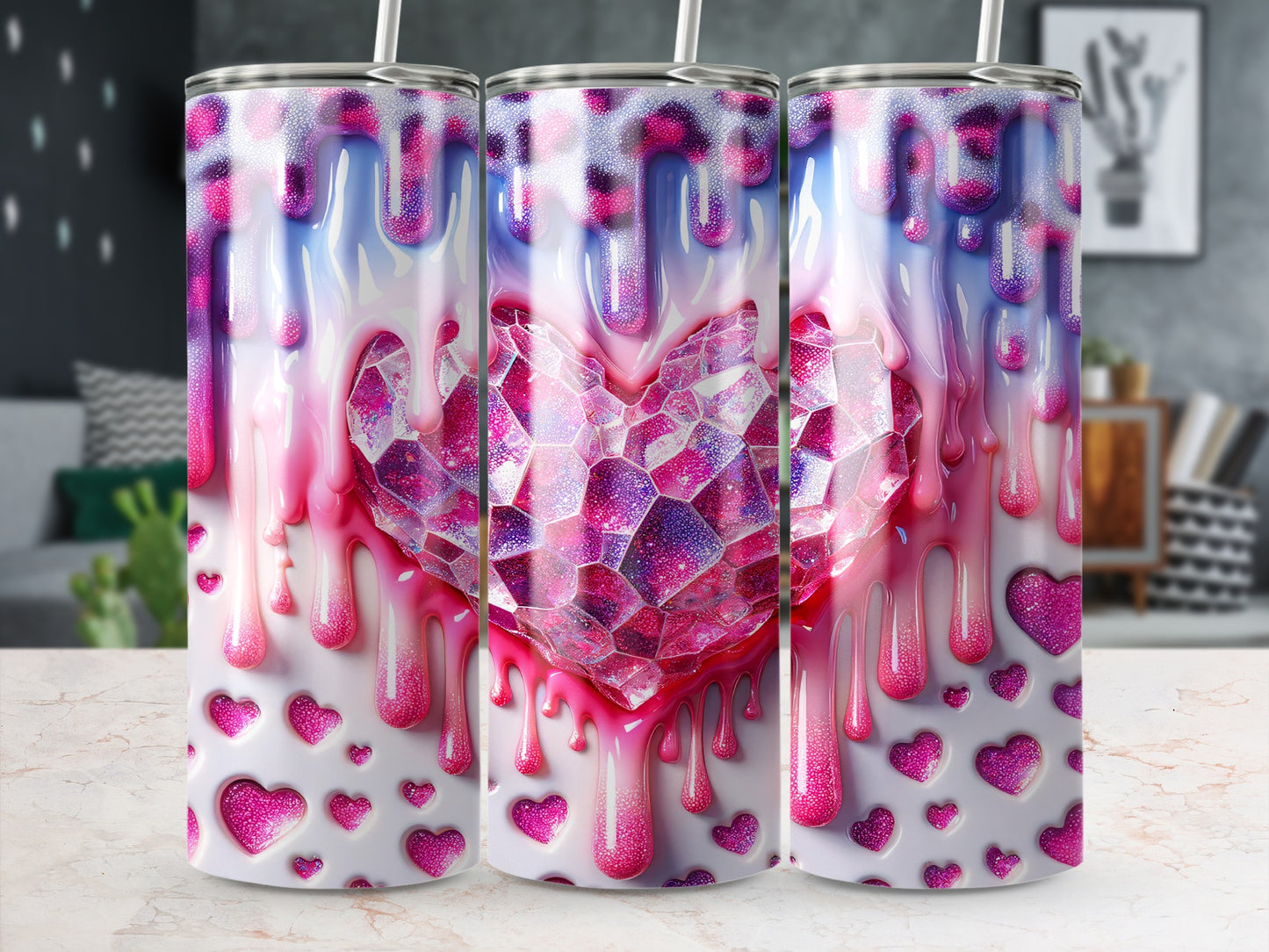 Pink Crystal Heart Sweetness Drips Valentine's Day! Dripping Heart with Love Themed Background Tumblers
