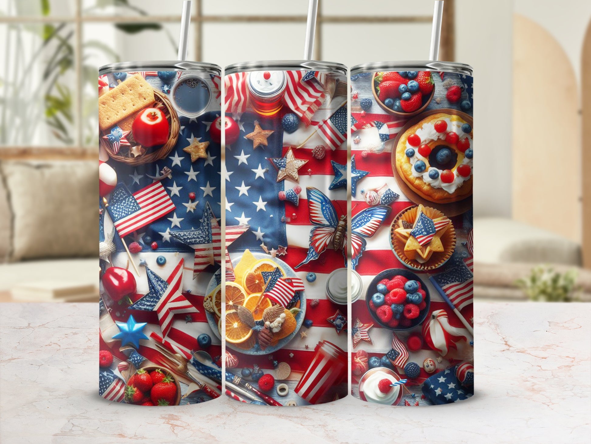 Collage of Fourth of July themed items including American flags, fruit, and patriotic decorations.