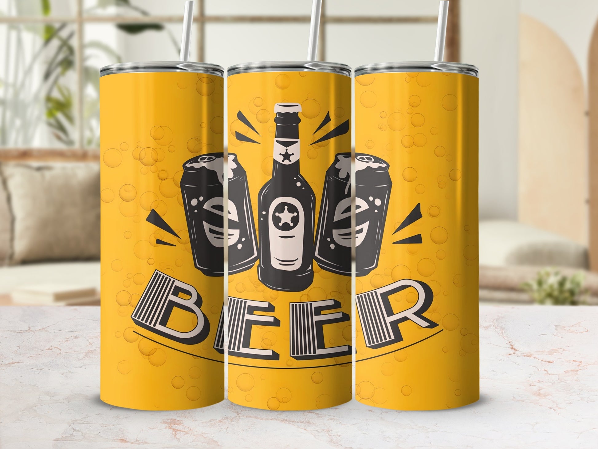 Bright Yellow Beer Themed Insulated Tumbler Cup