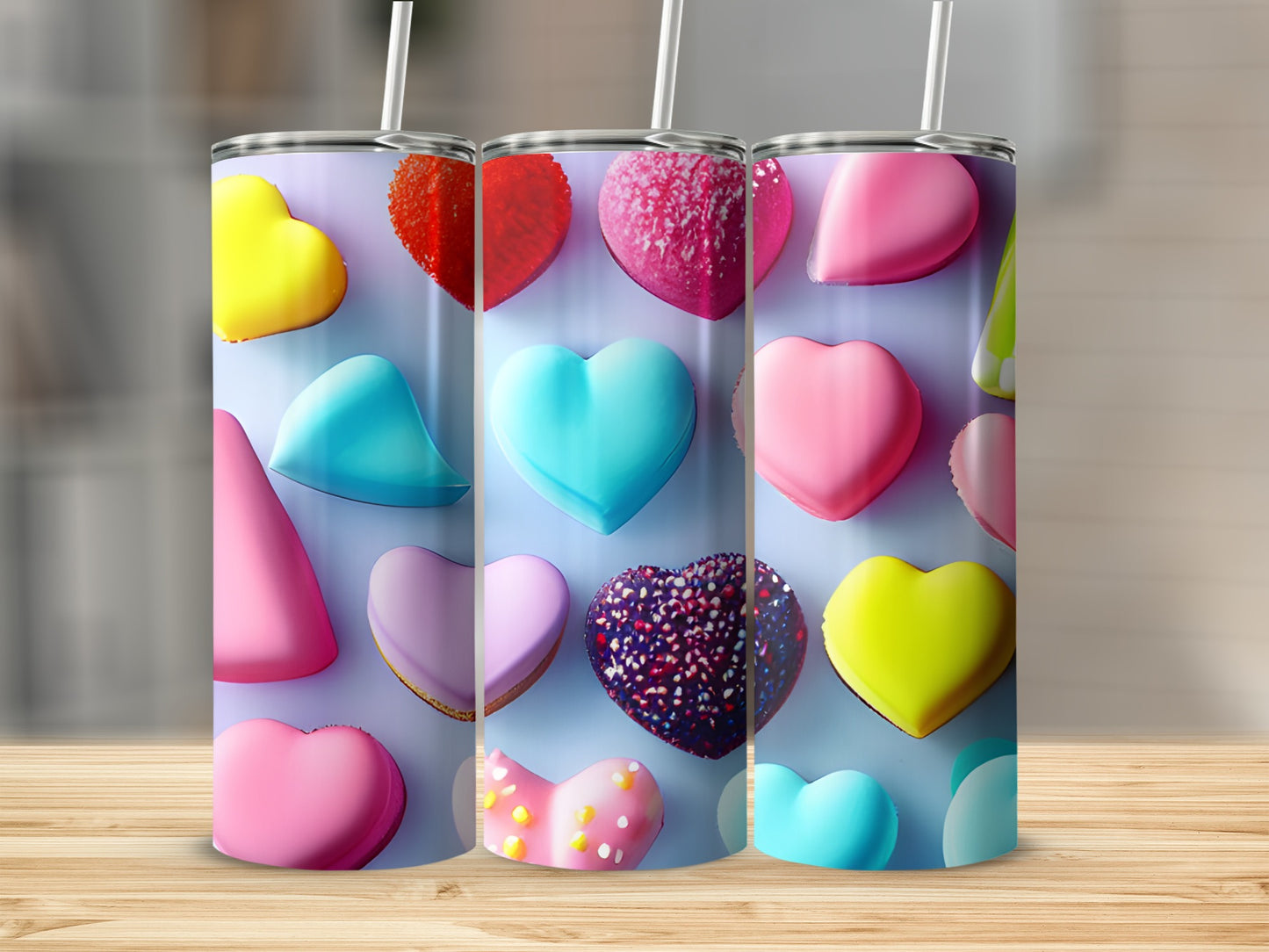 Sublimation tumbler with a pattern of colorful heart-shaped candies.