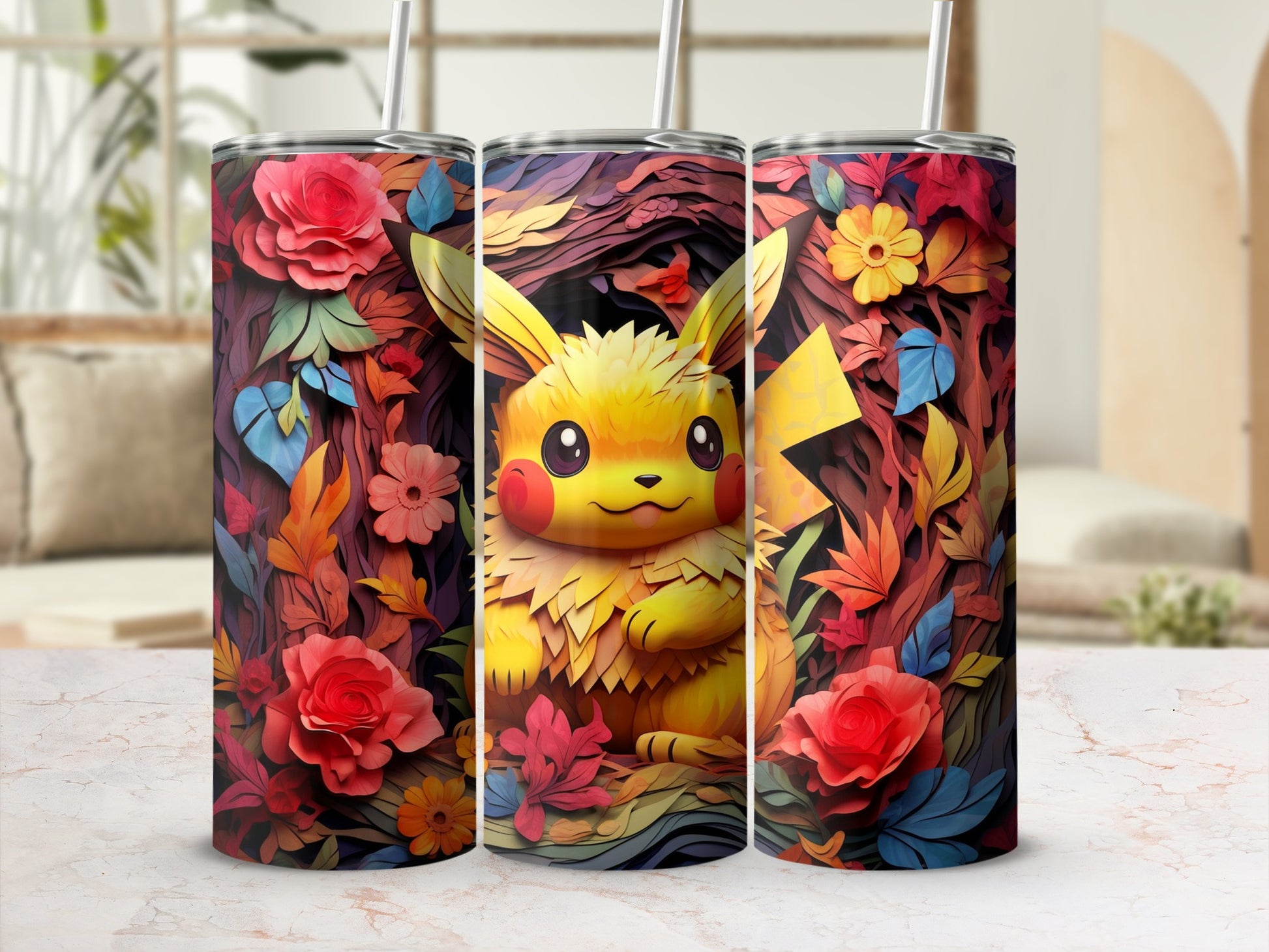 Vibrant Pikachu and Floral Artwork Travel Tumbler