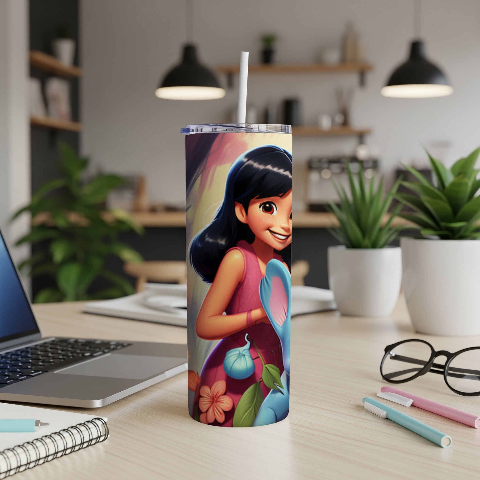 Tumbler featuring animated girl with blue bunny ears and flowers.