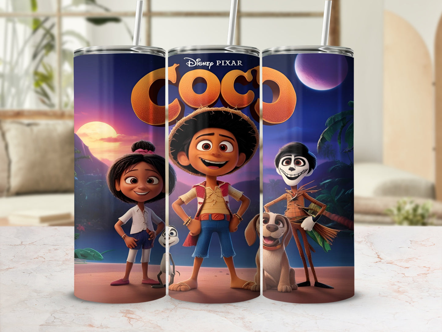 Coco movie characters Miguel, Hector, Dante, and Pepita on a tumbler.