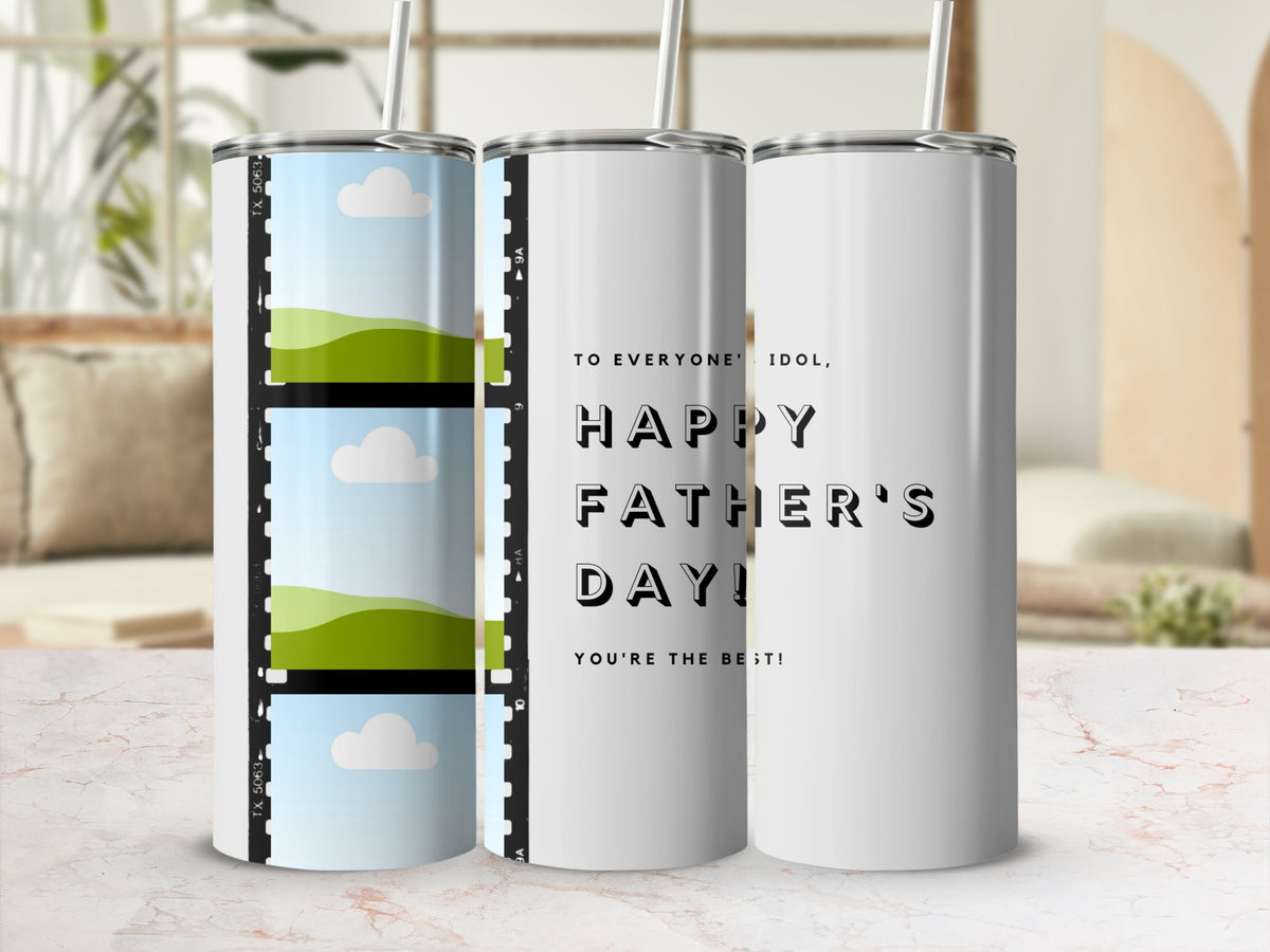 Tumblers with film strip photos and "Happy Father's Day" text.