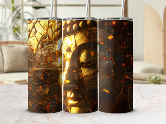 Gold mosaic Buddha face on three tall tumblers, with straws.