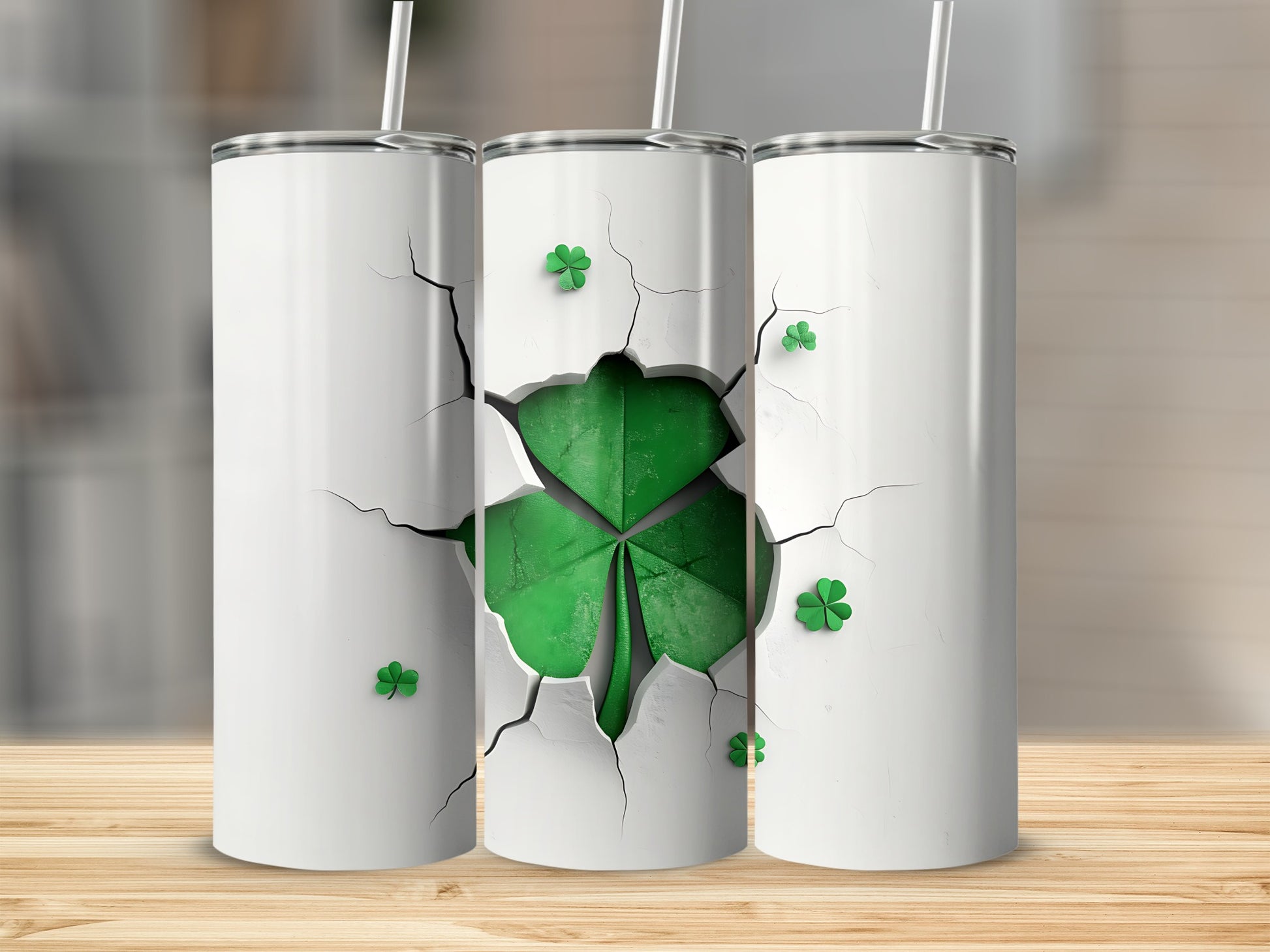 White tumbler with cracked design revealing a green shamrock.