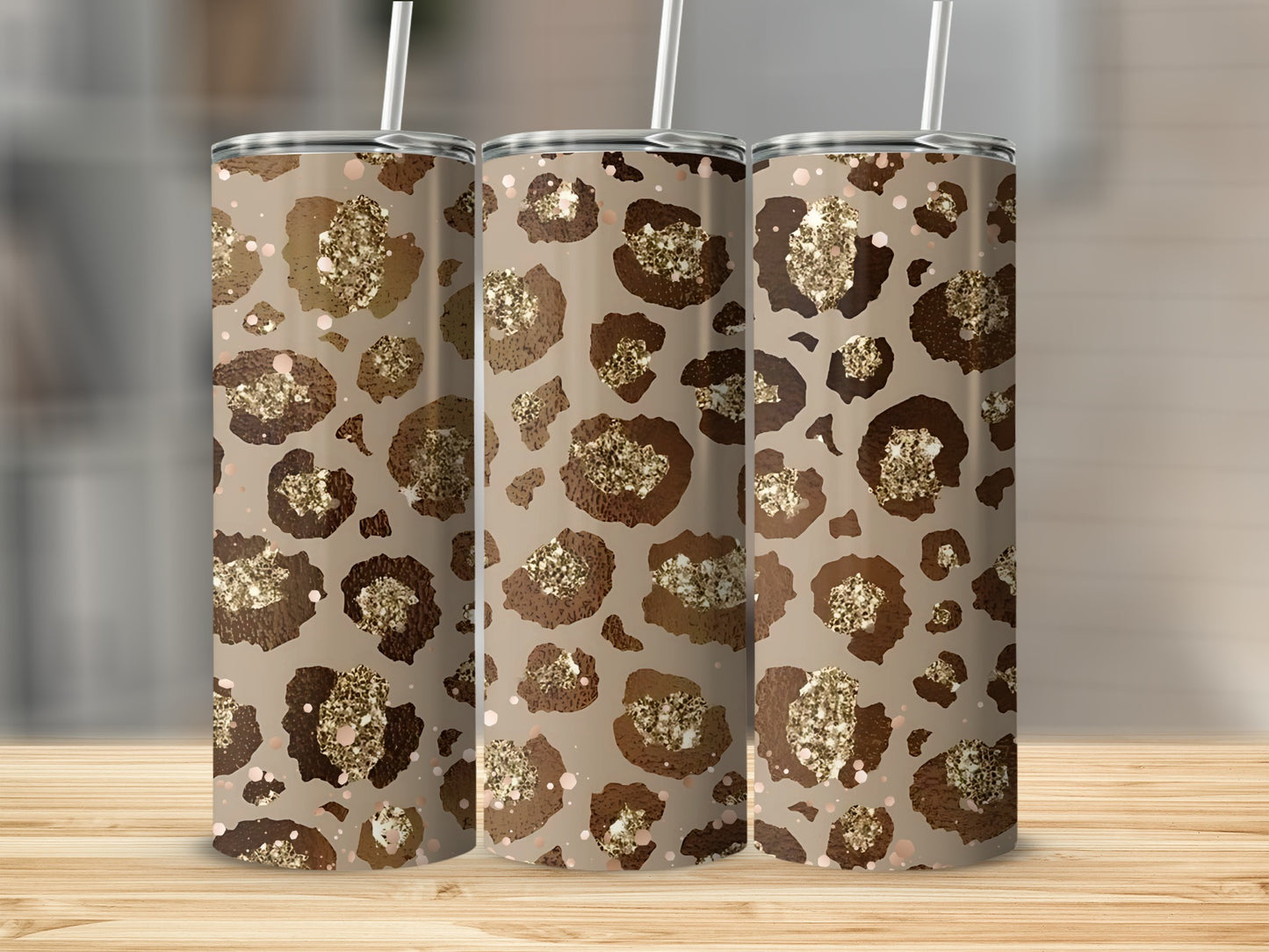 Glitter Leopard Patterned Tumbler with Straw Drinkware