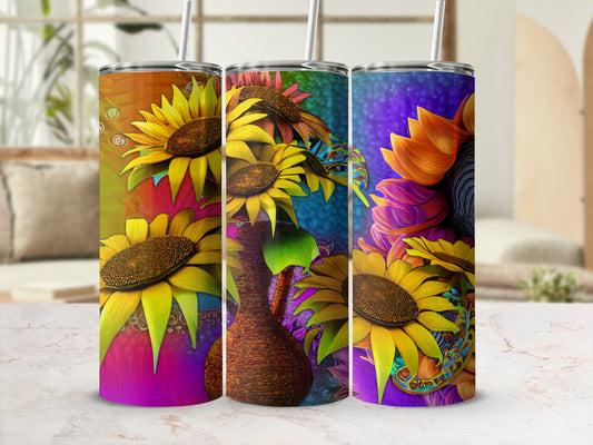 Three tumblers with sunflowers on vibrant, abstract backgrounds.