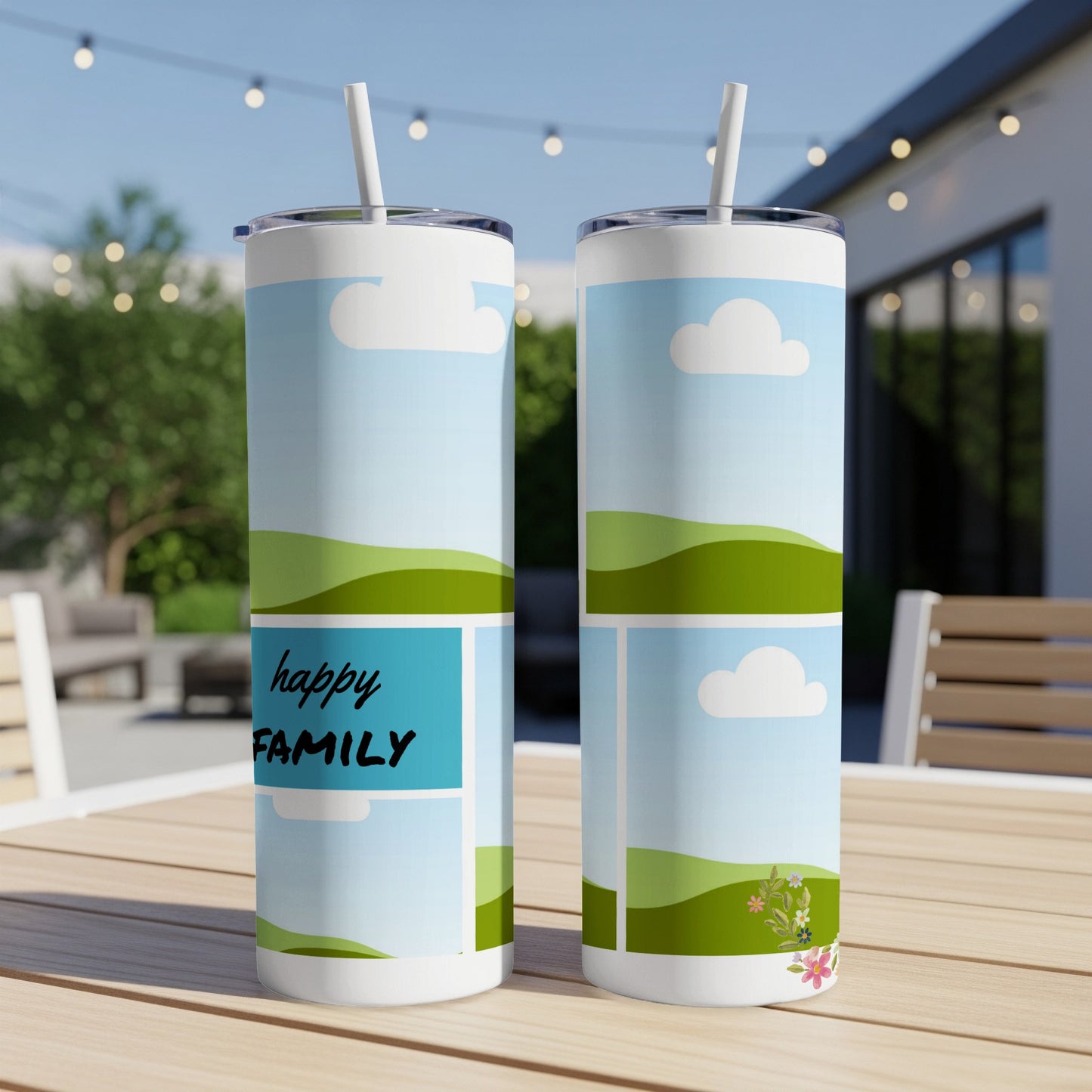 Two tumblers with a sky, clouds, and rolling green hills design, one with "happy FAMILY" text.