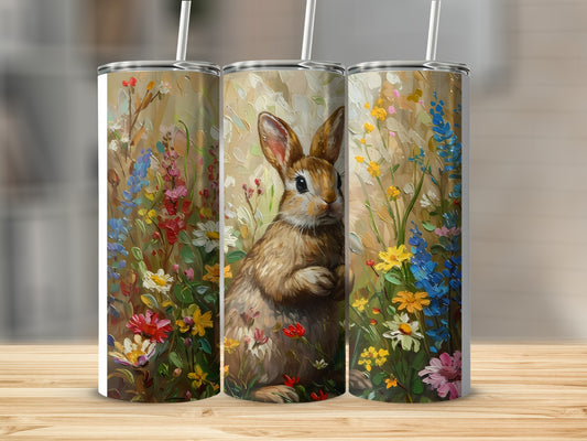 Bunny with floral painting on three travel tumblers.