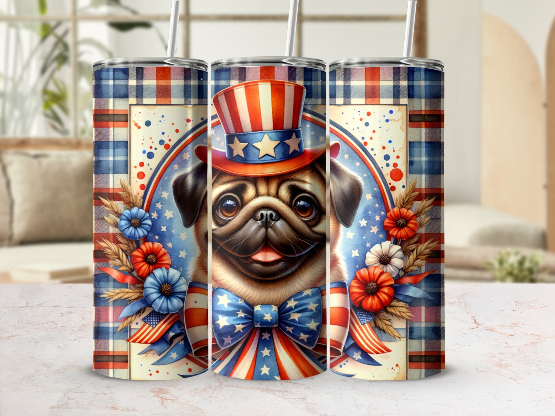 T tumblers featuring a patriotic pug wearing a top hat and bow tie.