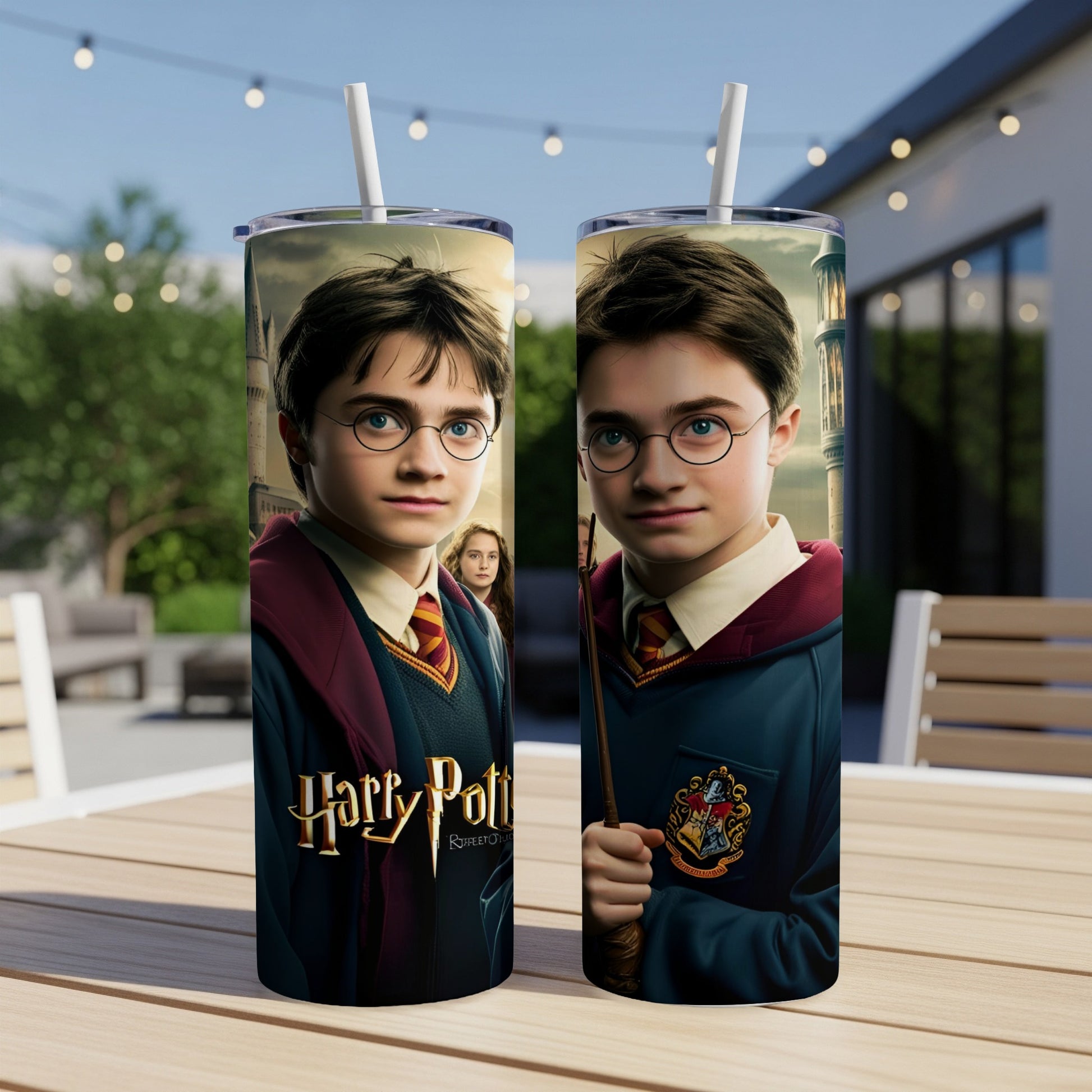 Harry Potter in Hogwarts uniform, holding a wand on a tumbler.
