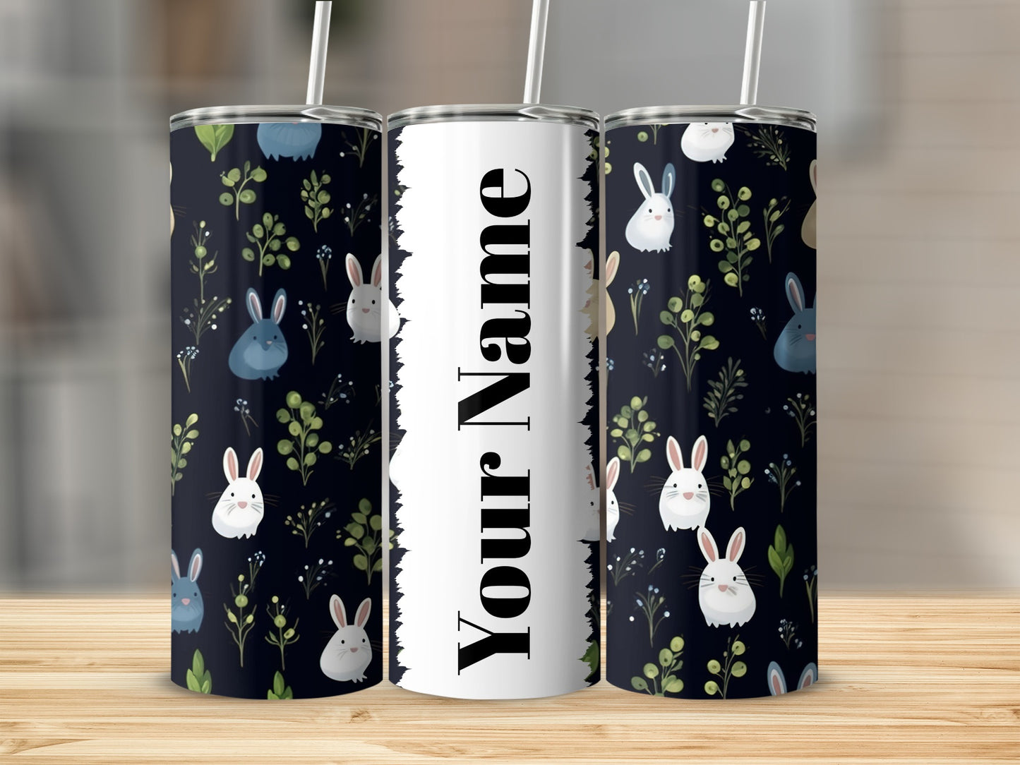 Personalized Cute Bunny Custom Drink Tumbler with Straw