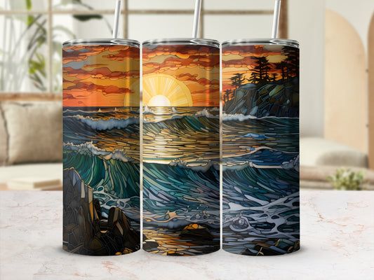 Three tumblers showing a vibrant sunset over a rocky ocean shoreline.