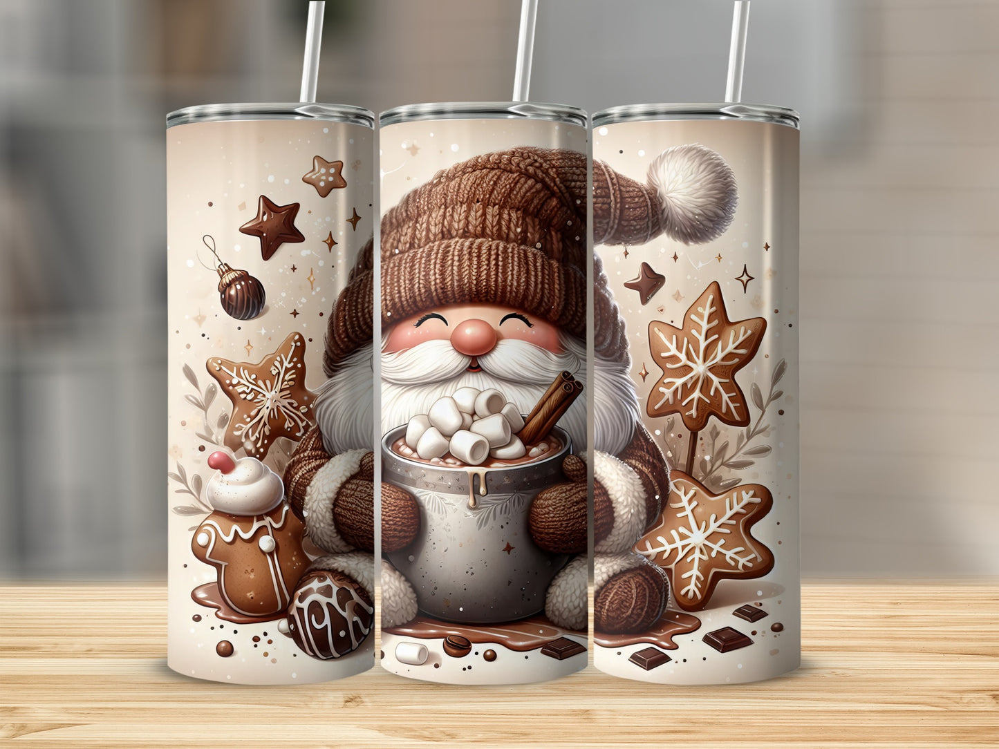 Santa gnome with hot chocolate, marshmallows, and cookies, 20 oz tumbler.