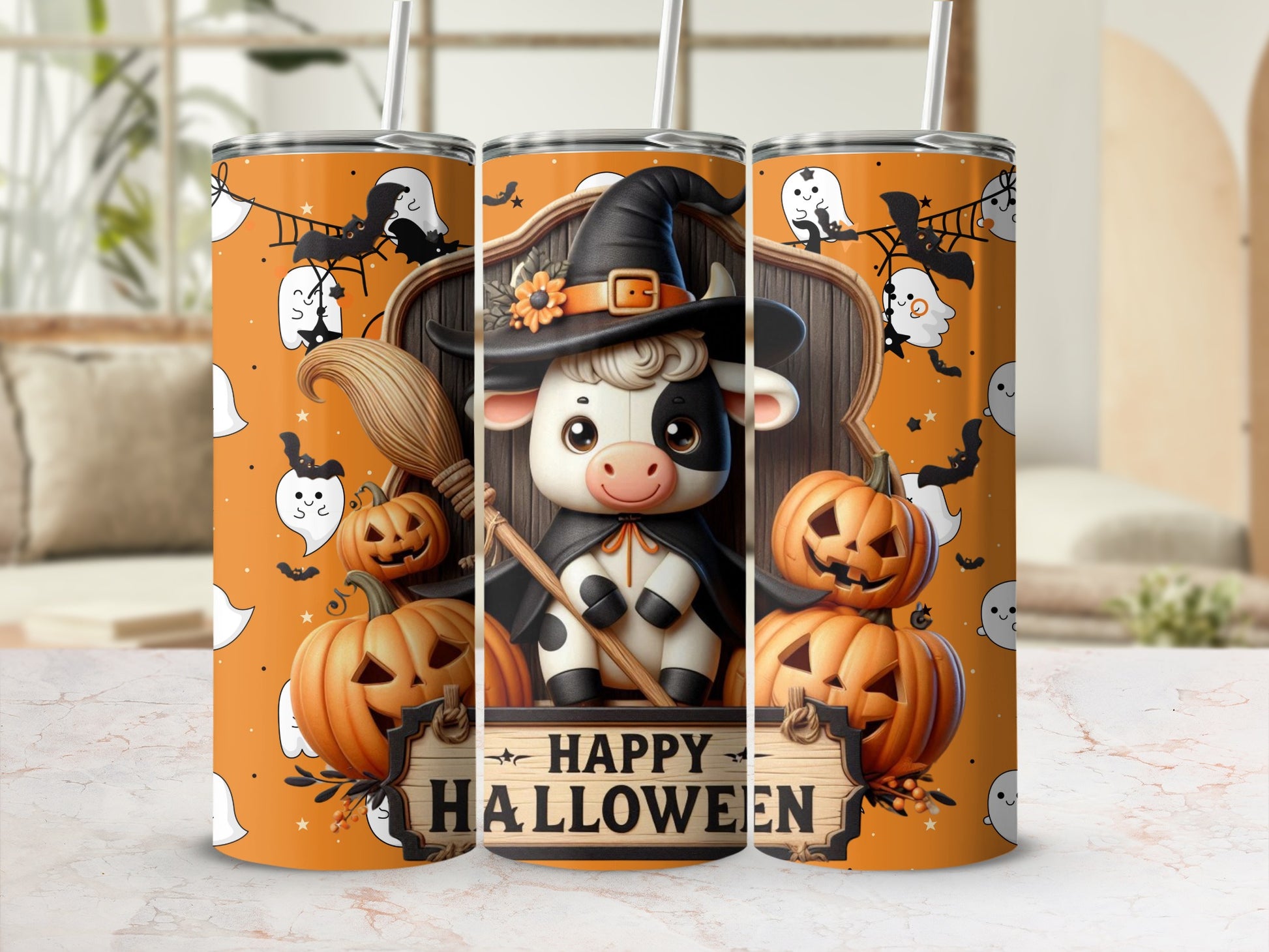 Cute Halloween Cow with Pumpkins Tumbler Cup