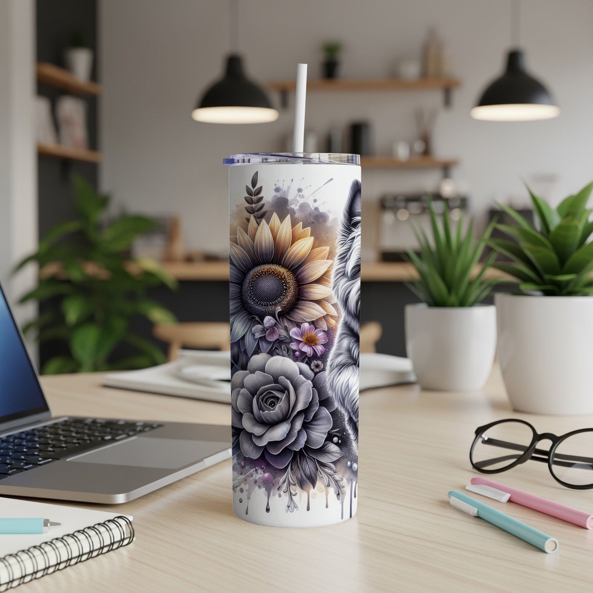 Tumbler with sunflower, rose, and wolf design.