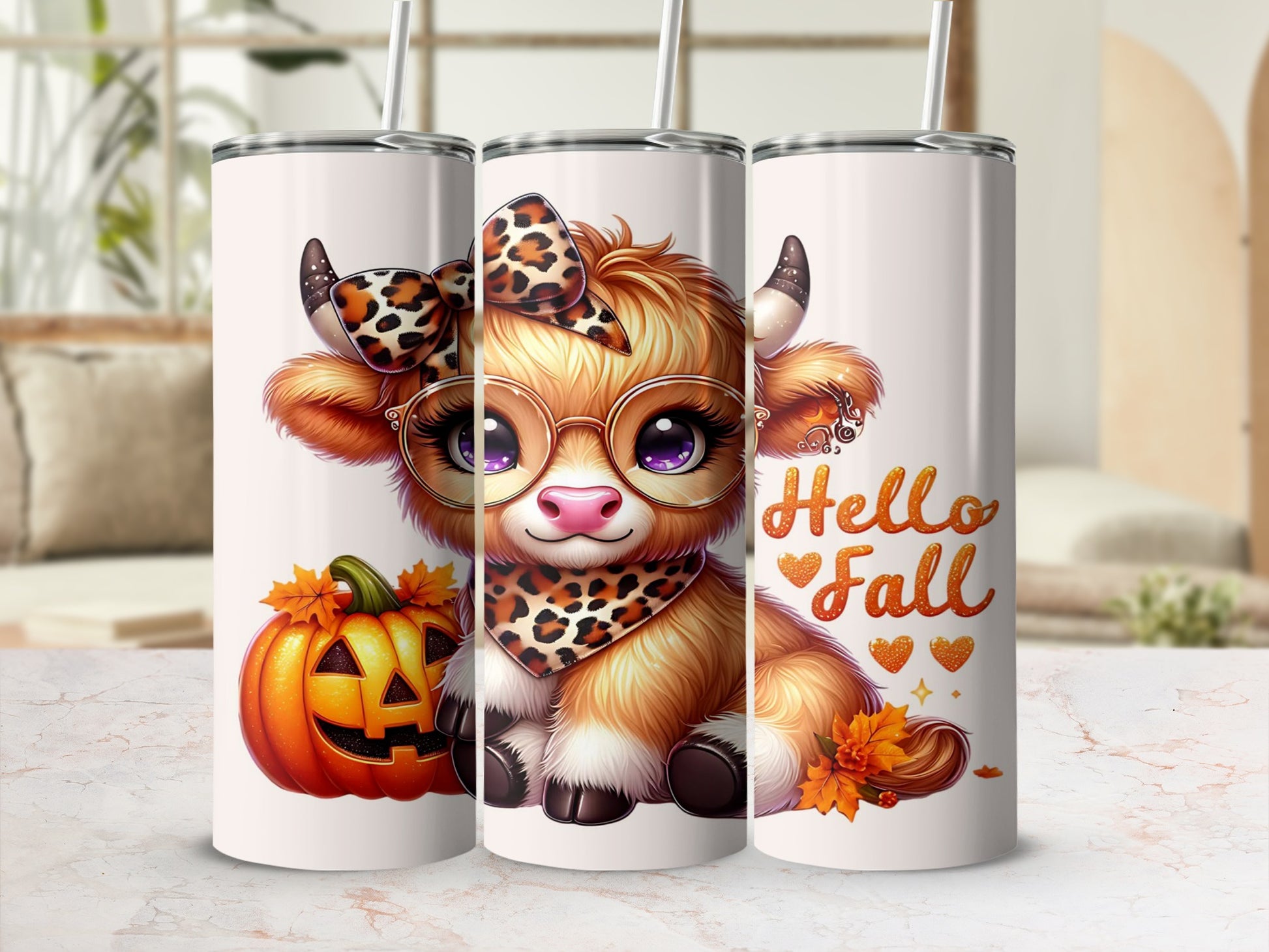 Cute Cow with Pumpkin Hello Fall Tumbler Cup Design