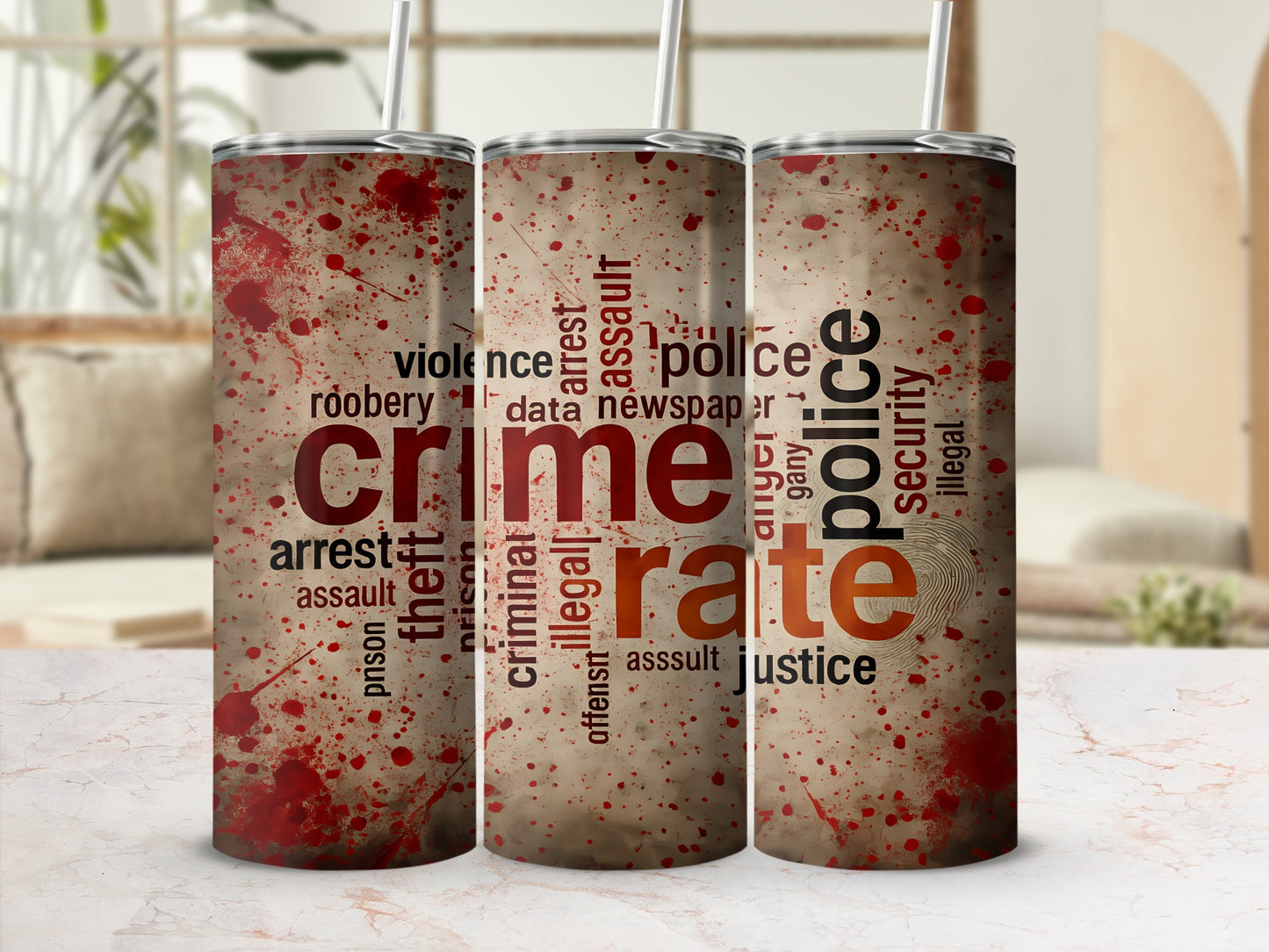 Tumbler with "crime rate" text and red splatters, surrounded by crime-related words.