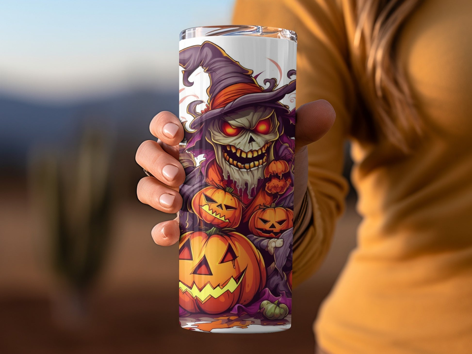 Spooky Halloween Witch and Pumpkins Tumbler Cup