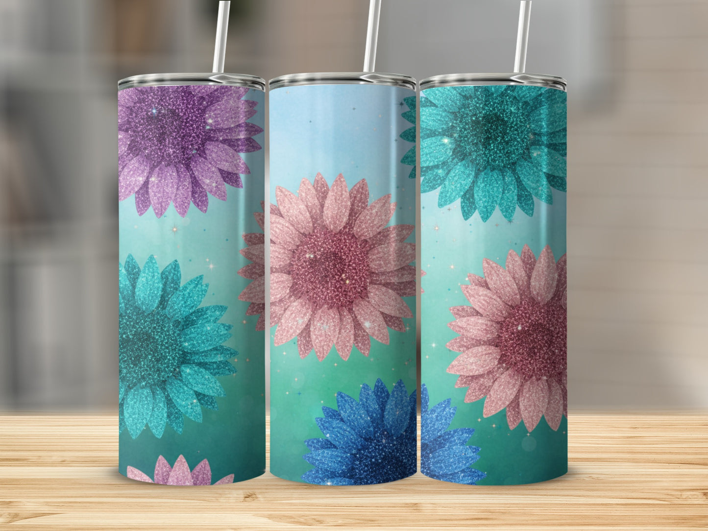 Glittery Floral Tumbler with Straw and Colorful Blooms