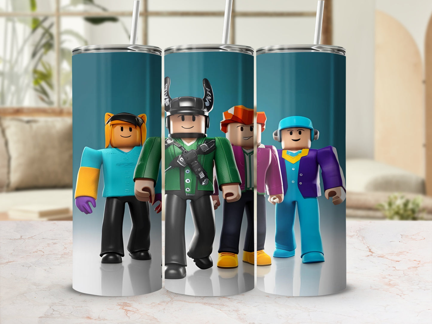 Four Roblox characters in colorful outfits stand in a line.