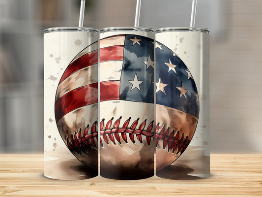 Baseball with American flag design and red stitching.