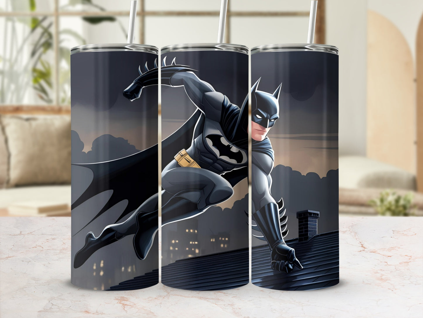 Batman in a dynamic pose on a cityscape background, featured on a set of three tumblers.