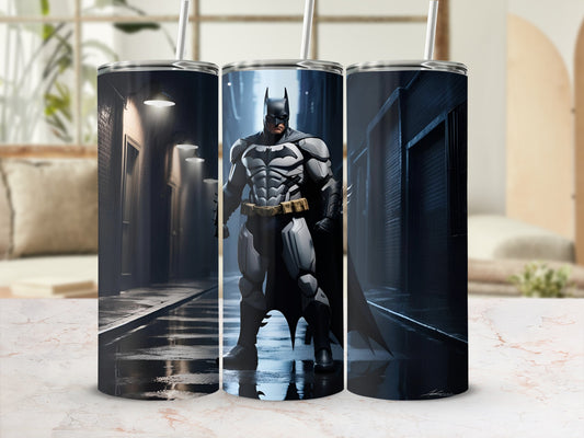 Batman standing in a rainy, dimly lit alleyway.