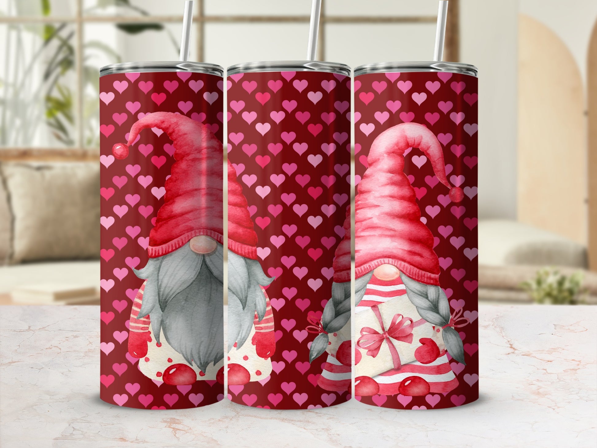 Cute Valentine's Gnome Design with Hearts Tumbler