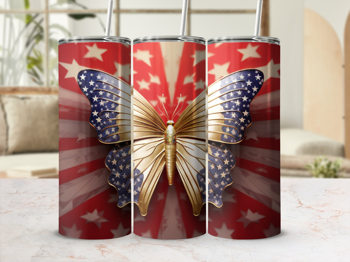 Butterfly with American flag wings on a starburst background.