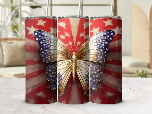 Butterfly with American flag wings on a starburst background.