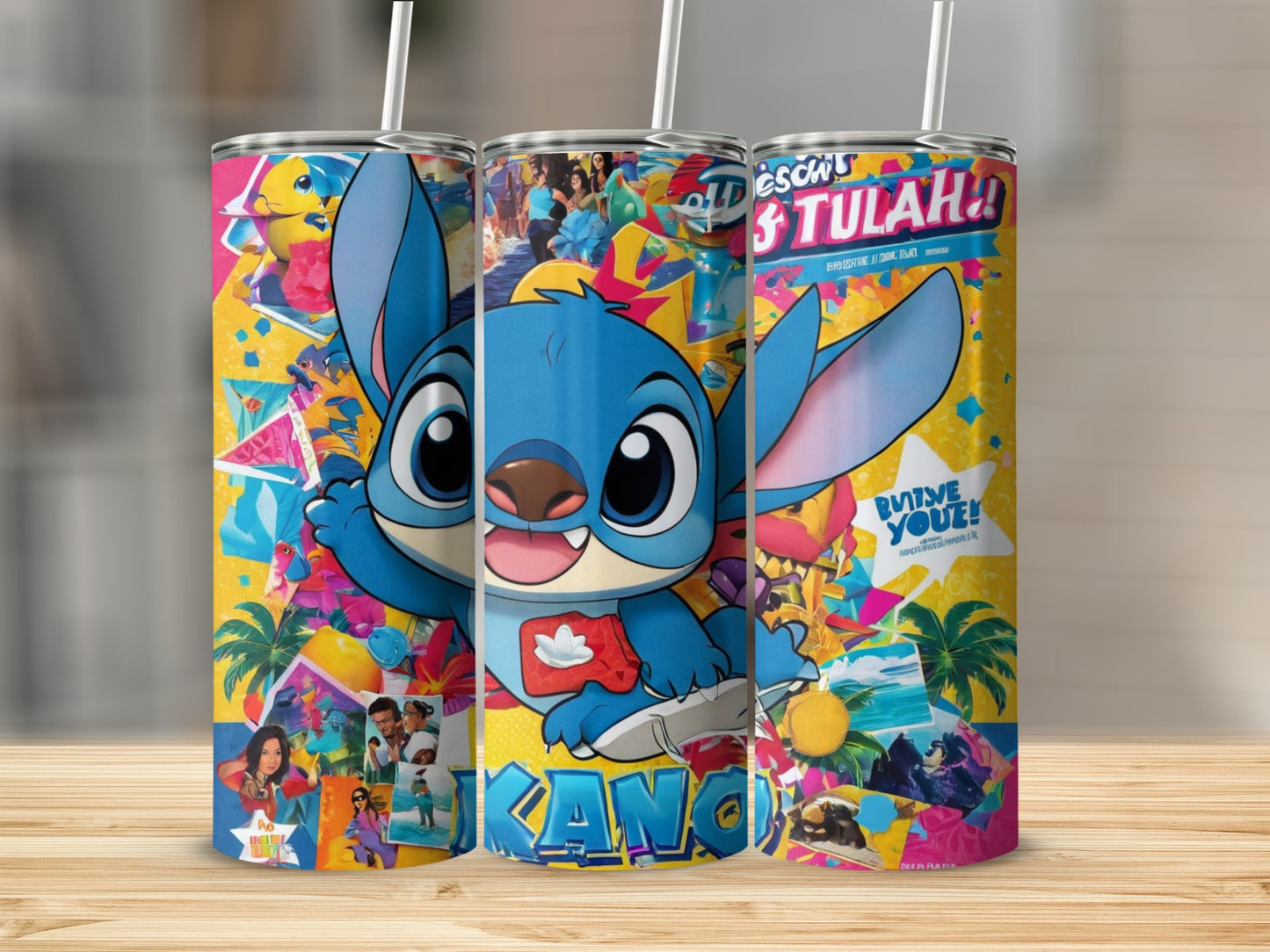 Stitch character with colorful Lilo & Stitch movie scenes and text.