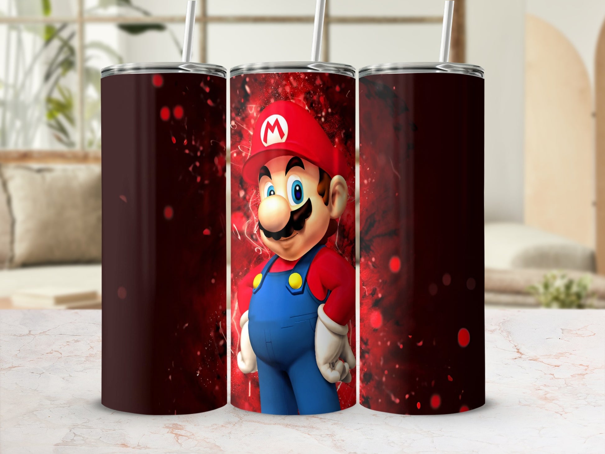 Mario character on a dark red background with red speckles.
