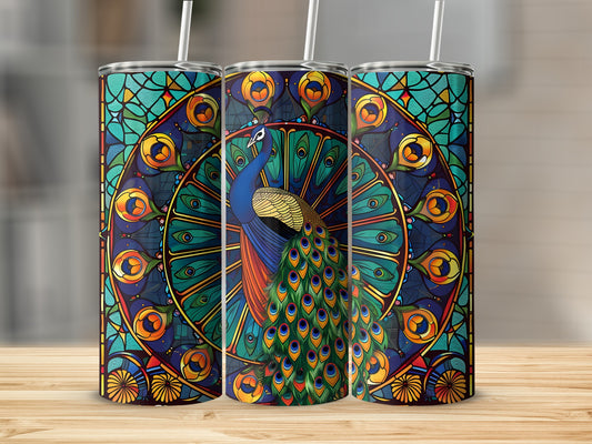 Three tumblers featuring a stained-glass peacock design on a wooden surface.