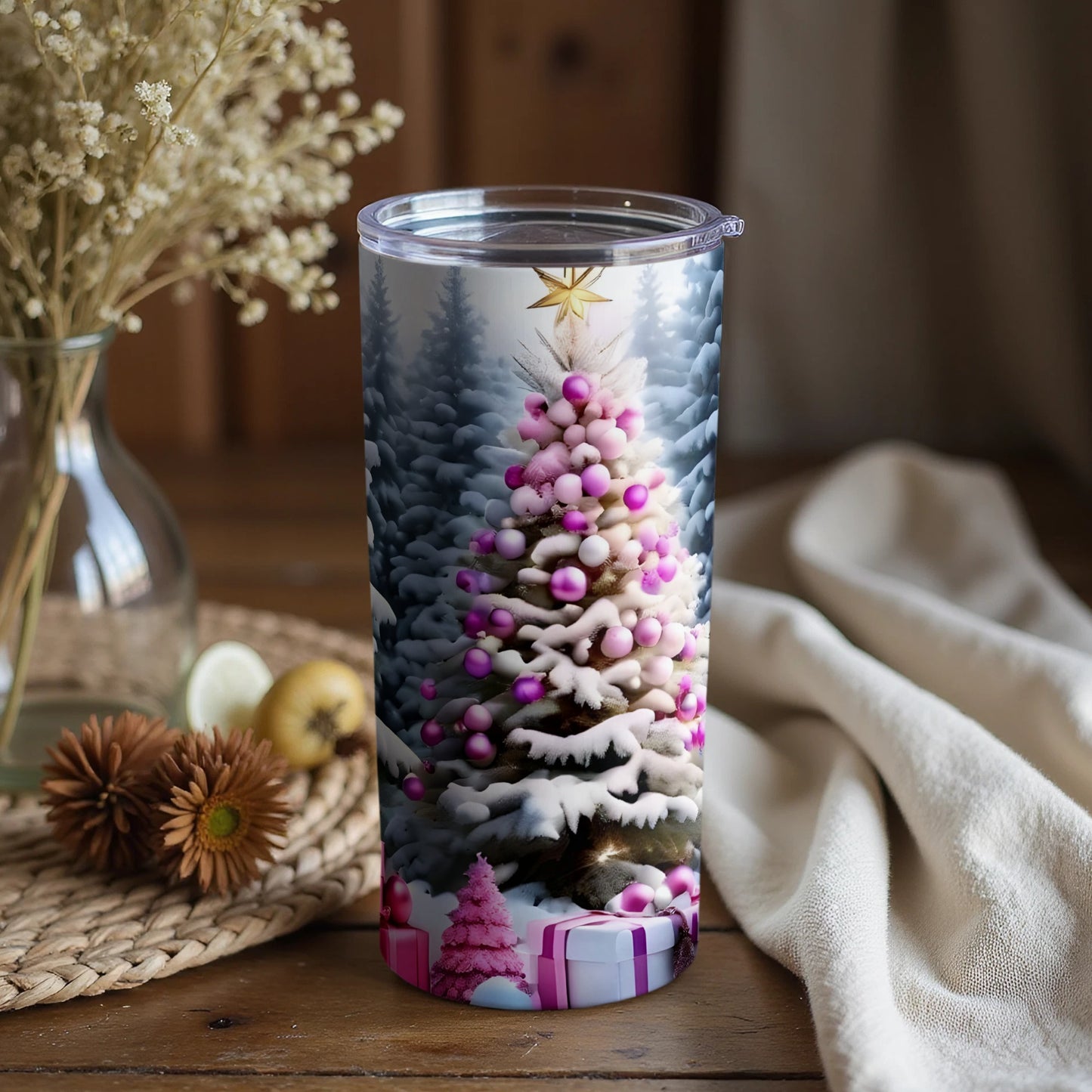 Snowy Christmas Tree with Pink Ornaments Tumbler