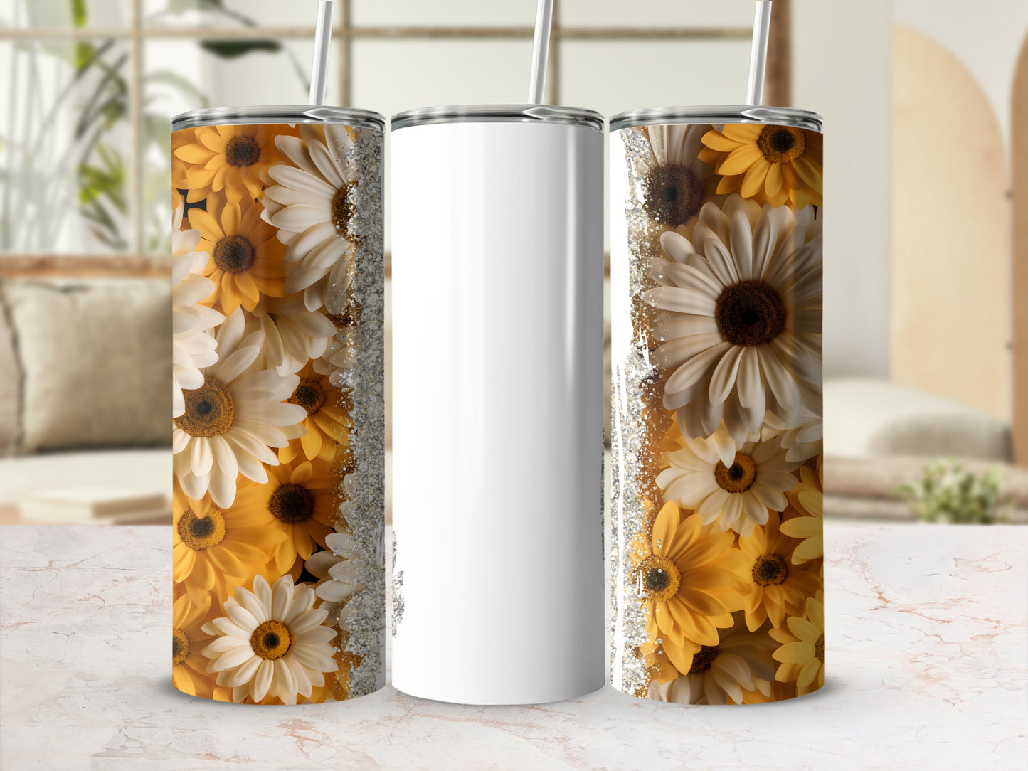White tumbler with yellow and white flowers and glitter accents.