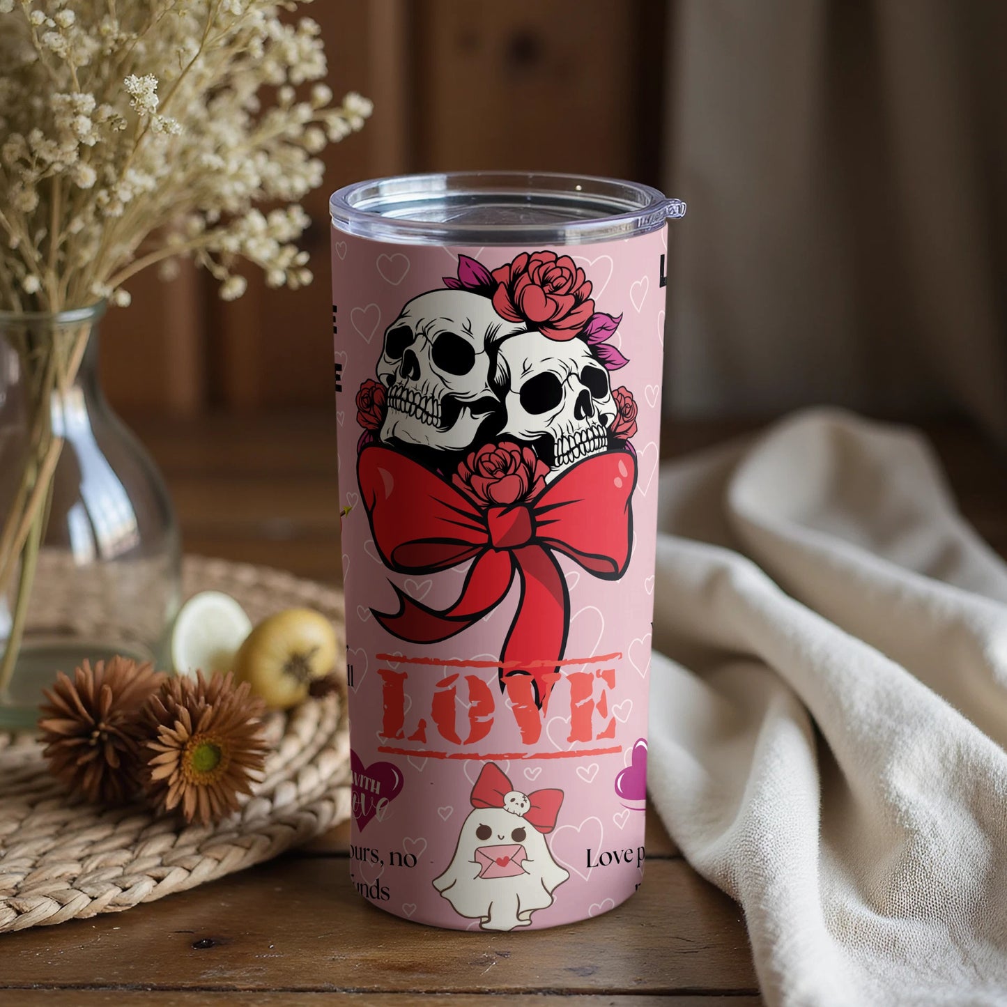 Skull Love Floral Design Pink Tumbler Valentine's Gift